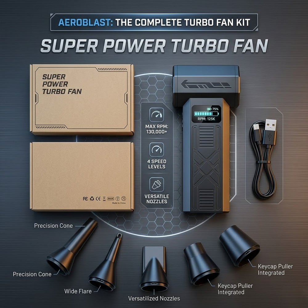 Aeroblast super power turbo fan kit barber cleaning blower with multiple nozzles for hair and dust removal.