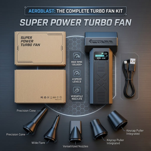 Aeroblast super power turbo fan kit barber cleaning blower with multiple nozzles for hair and dust removal.