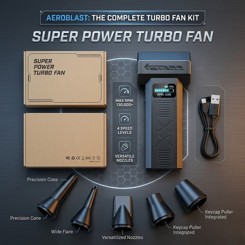 Aeroblast super power turbo fan kit barber cleaning blower with multiple nozzles for hair and dust removal.
