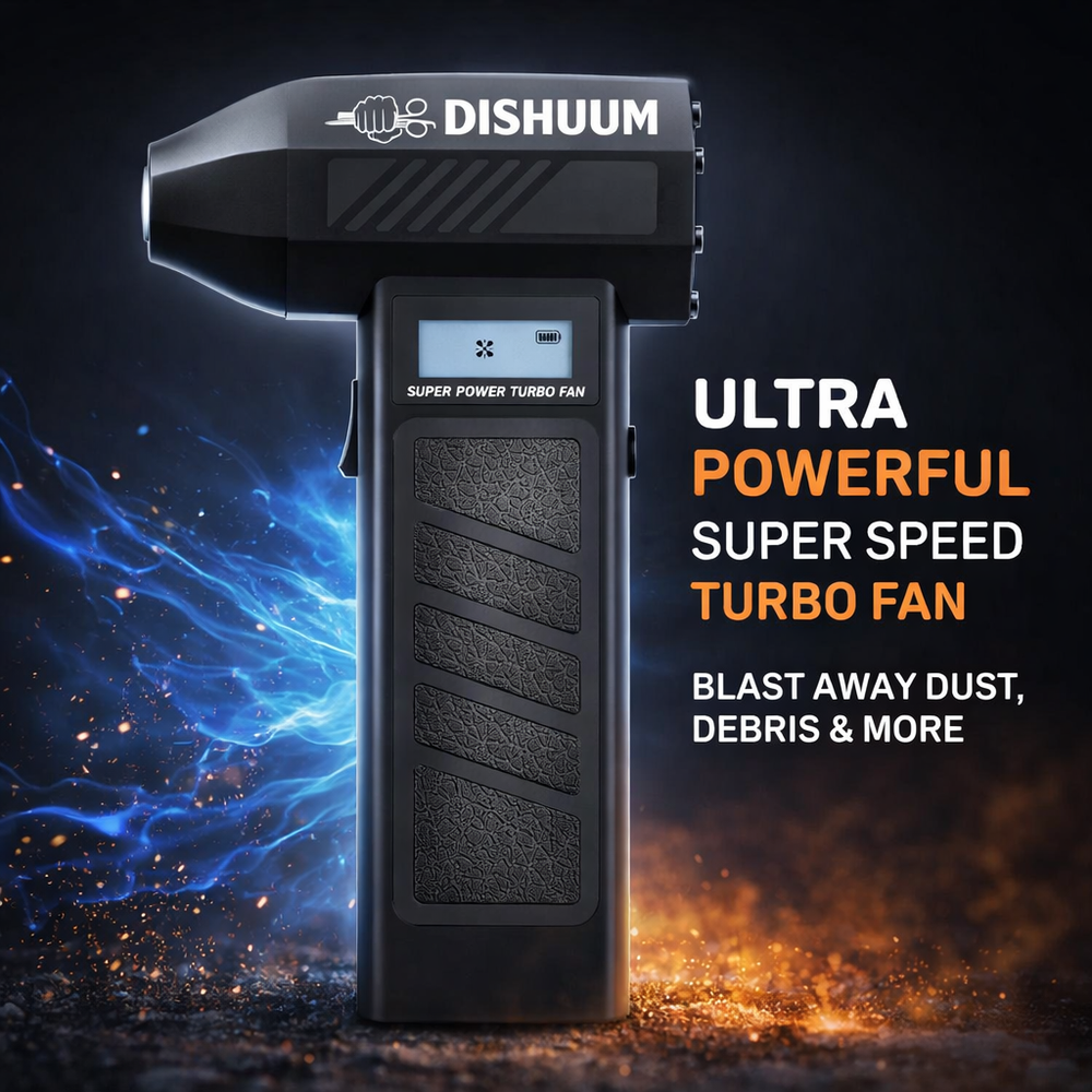 Dishuum super power turbo fan barber cleaning tool for removing hair, dust and debris in barbershops.