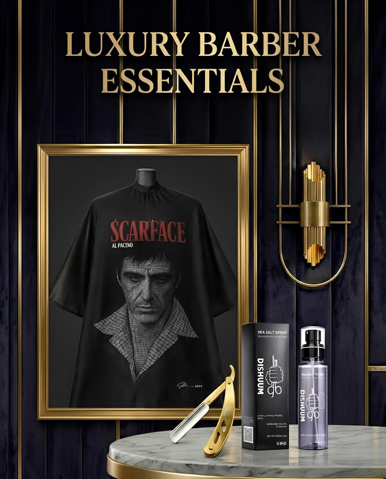 Luxury barber essentials featuring professional ustra, barber cape, and premium men's grooming products.