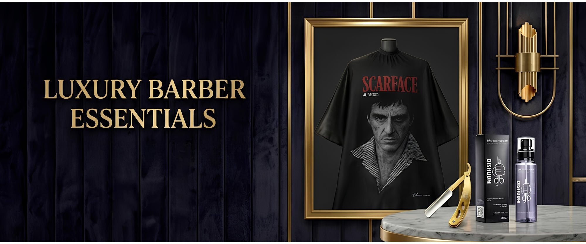 Luxury barber essentials featuring professional ustra, barber cape, and premium men's grooming products.