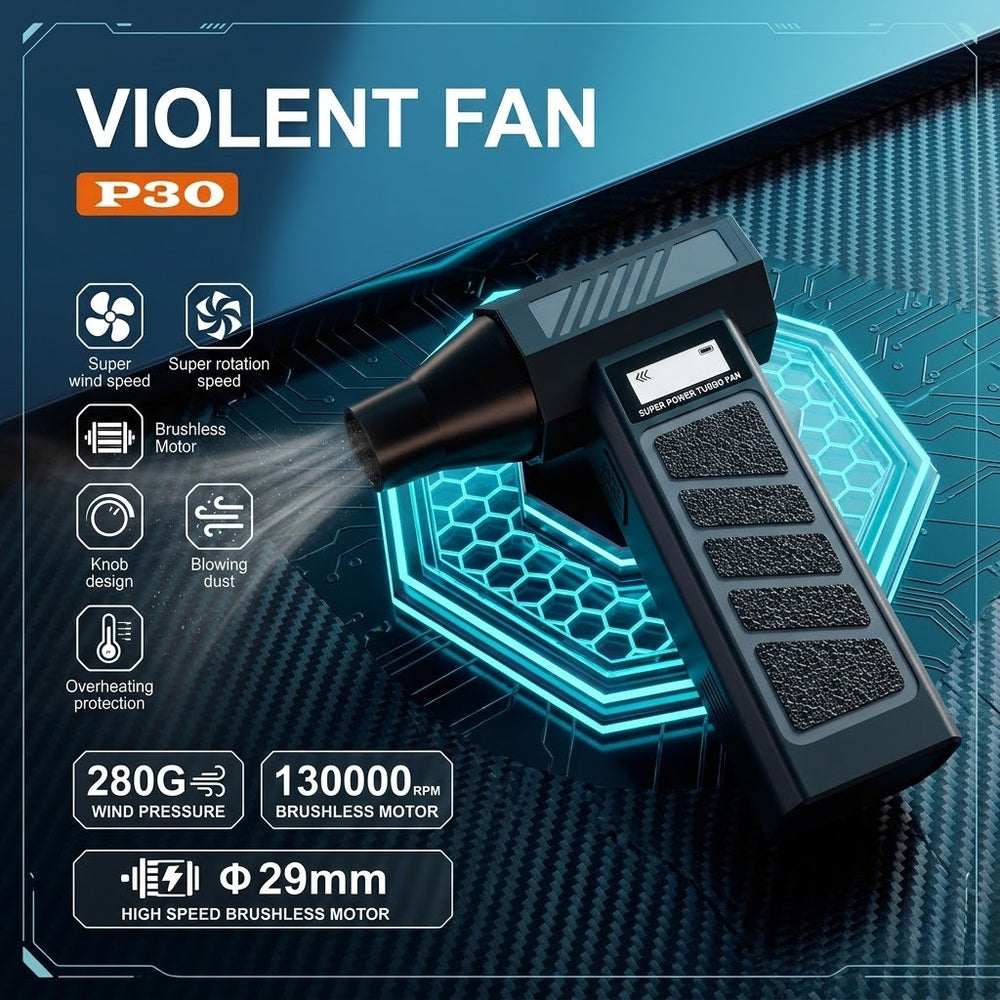 Violent Fan P30 turbo fan barber cleaning blower with brushless motor for removing hair and dust in barbershops.